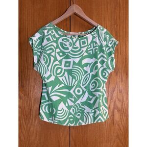 Alice & Trixie Silk Top Blouse Wm S Short Sleeve Green White Butterfly Back CUTE